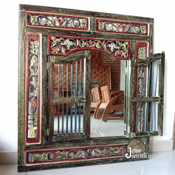 Cermin Hias Dinding Jendela Ukir Kayu Jati Motif Bunga Home Decoration - Gambar 2