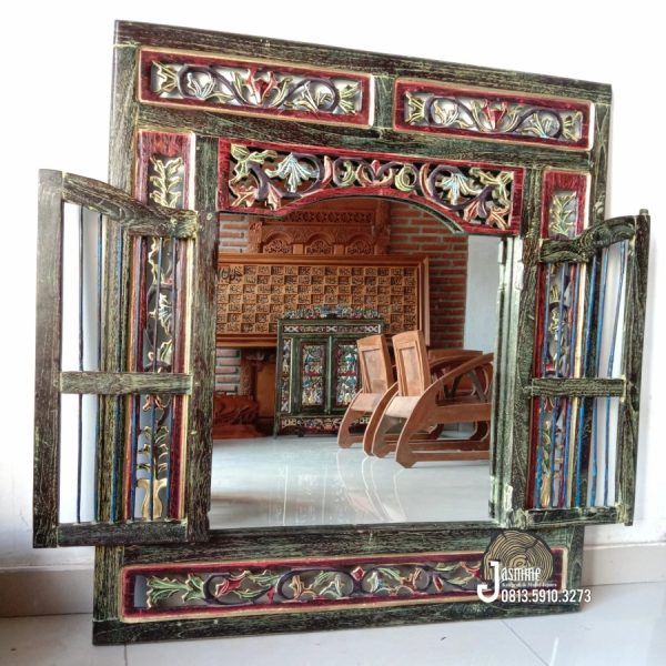 Cermin Hias Dinding Jendela Ukir Kayu Jati Motif Bunga Home Decoration - Gambar 6