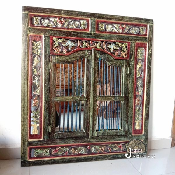 Cermin Hias Dinding Jendela Ukir Kayu Jati Motif Bunga Home Decoration - Gambar 3